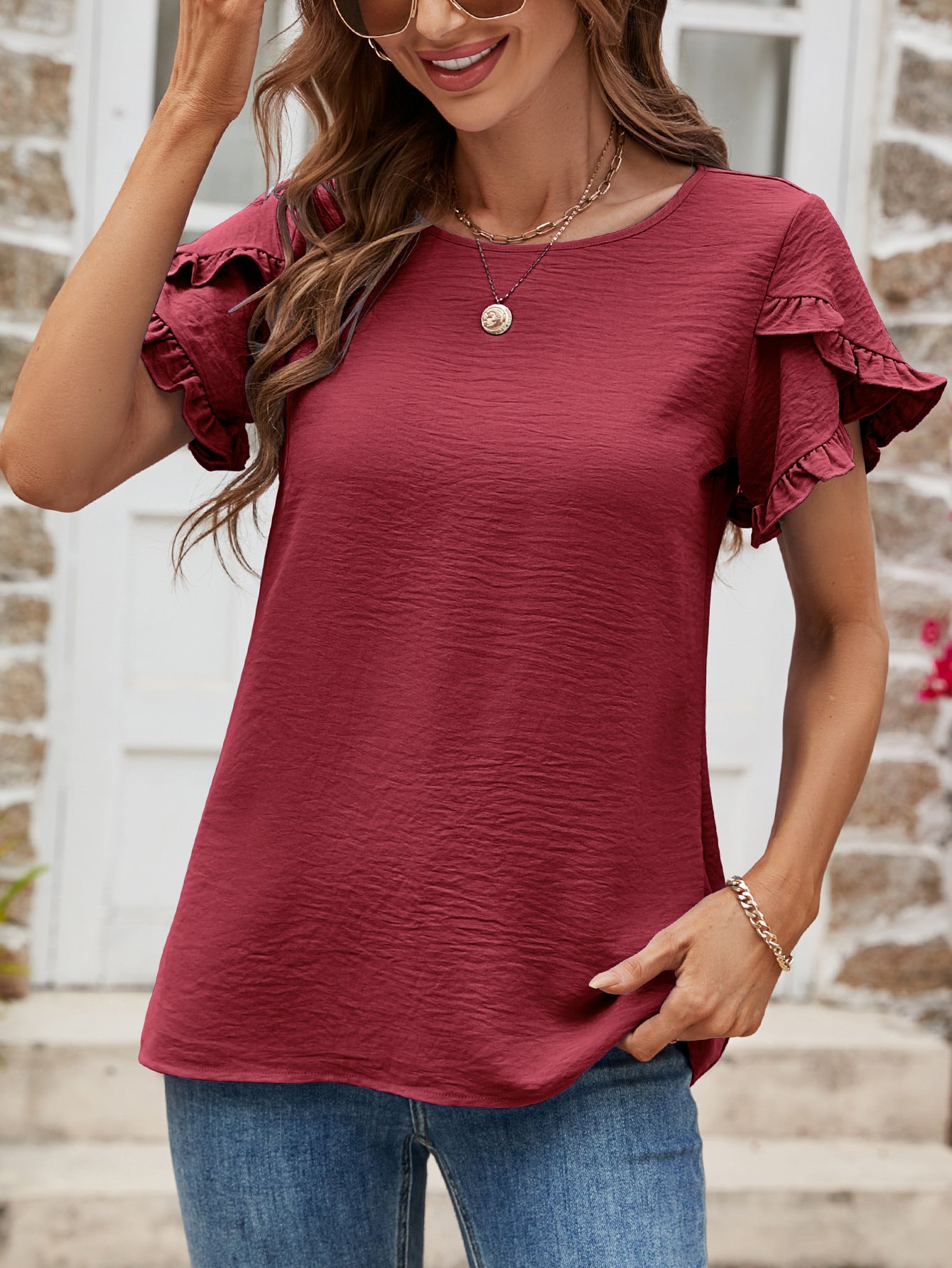 Malibu Dreams Textured Petal Sleeve Round Neck Tee