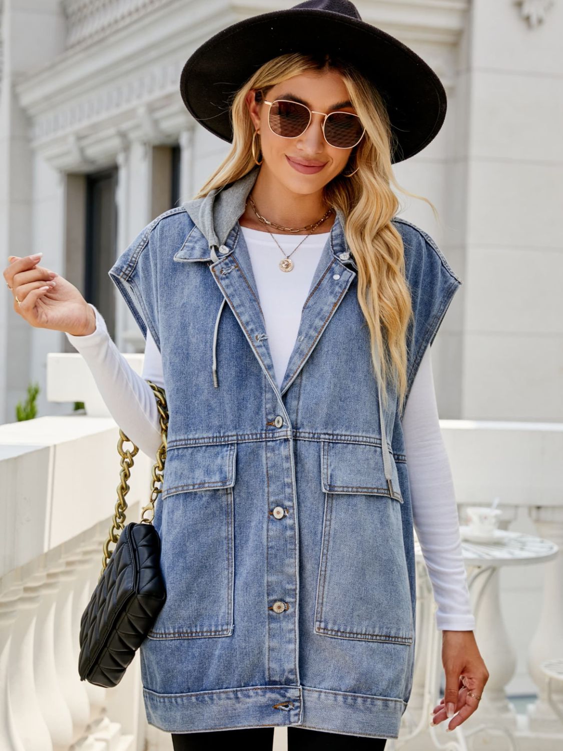 Women's Hooded Sleeveless Denim Top with Pockets