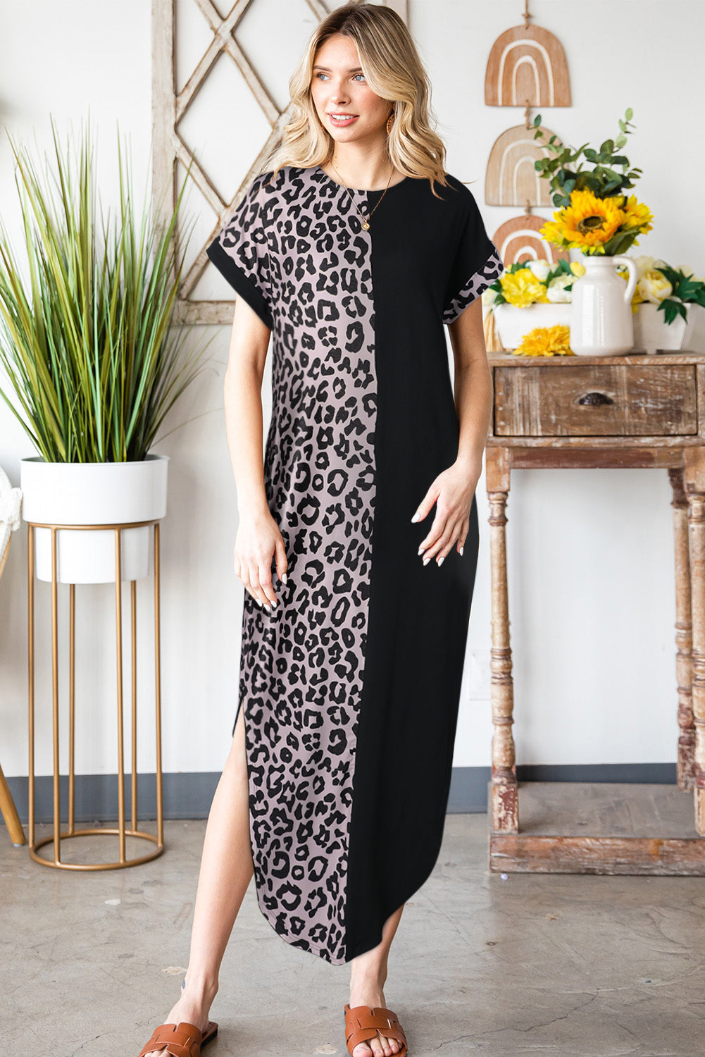 Women's Leopard Color Block Split Dress