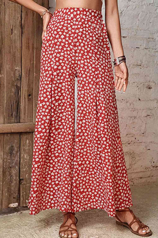 SofiaSadie Deep Red Floral High-Rise Wide Leg Flare Pants