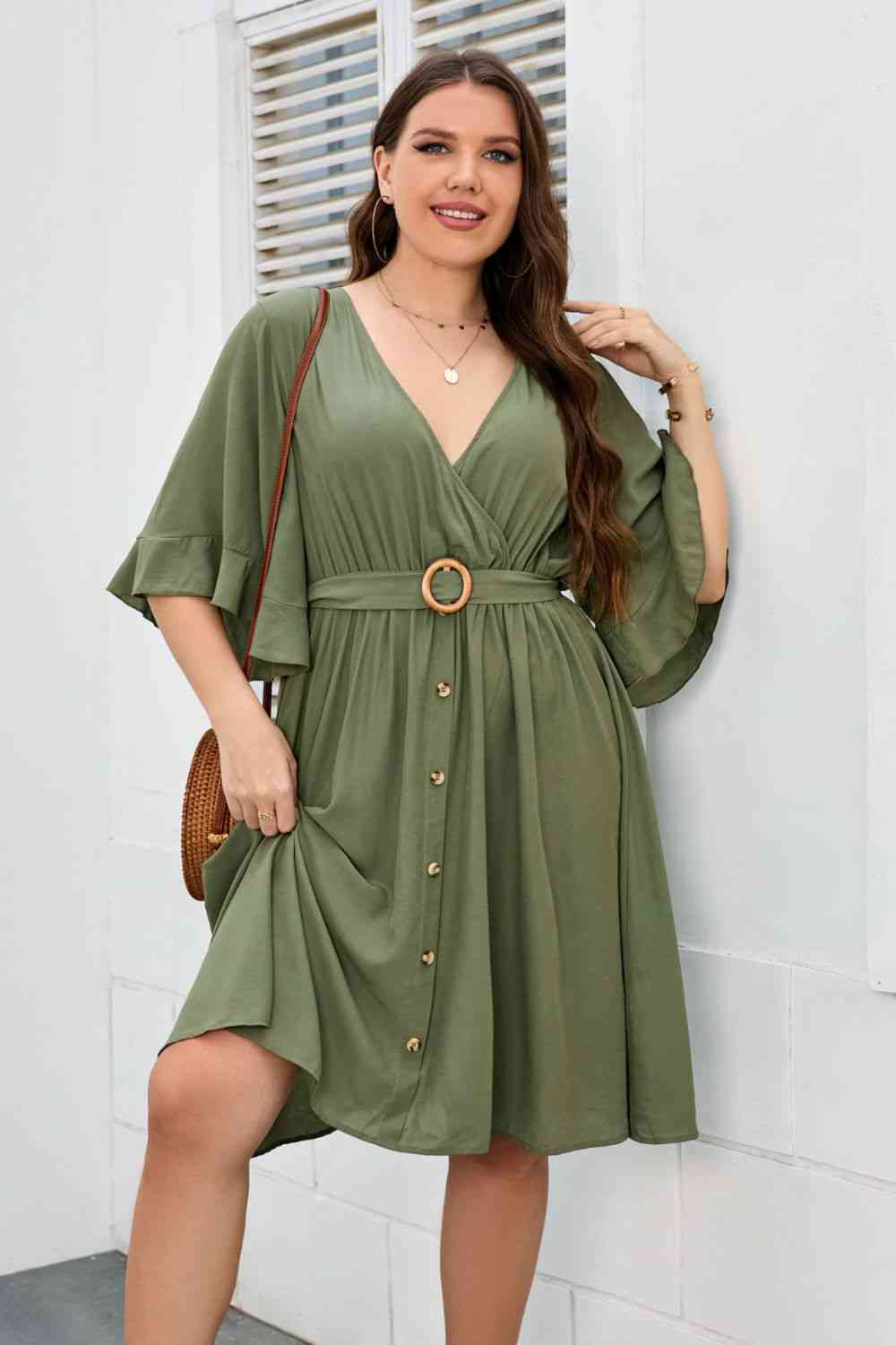 Plus Size Moss Green Surplice Neck Half Sleeve Dress