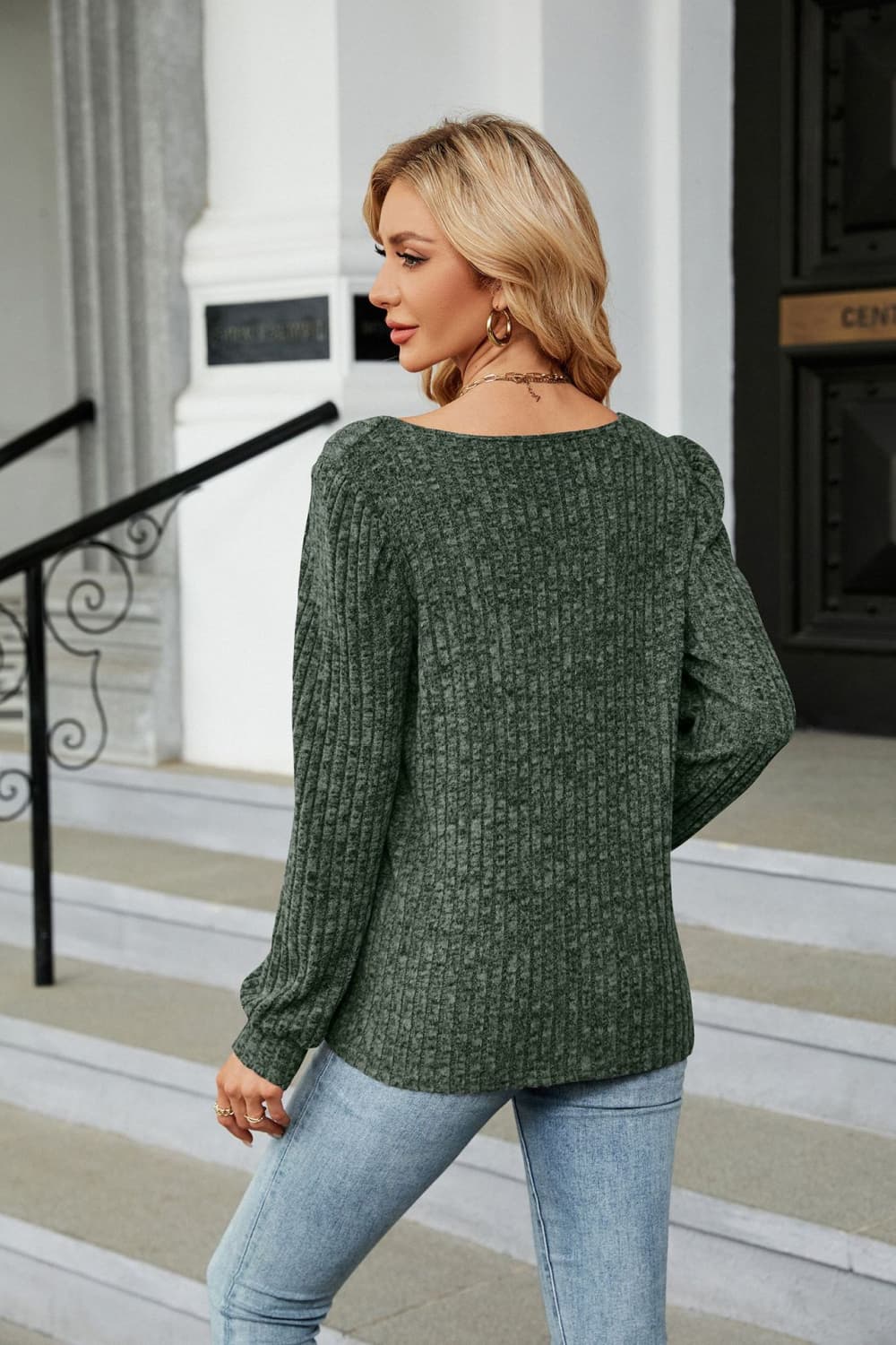 Full Size Tosha Ribbed Square Neck Long Sleeve T-Shirt