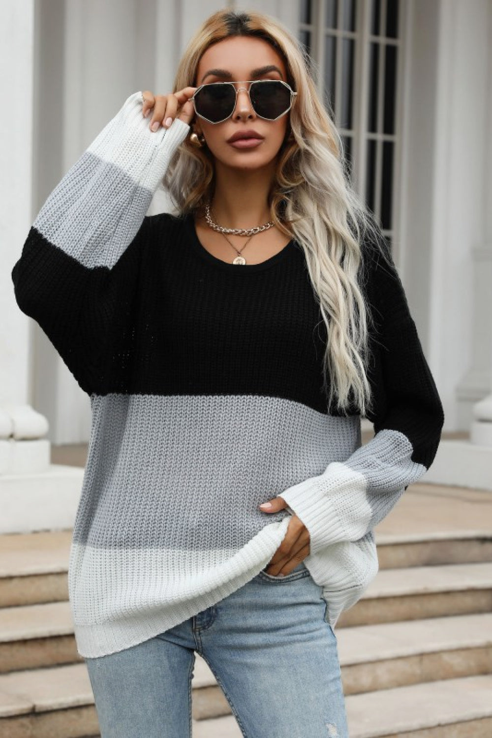 Women's Color Block Long Sleeve Chunky Knit Sweater