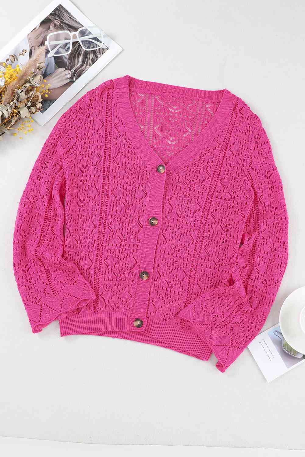 Full Size Hot Pink Openwork Button Down Cardigan