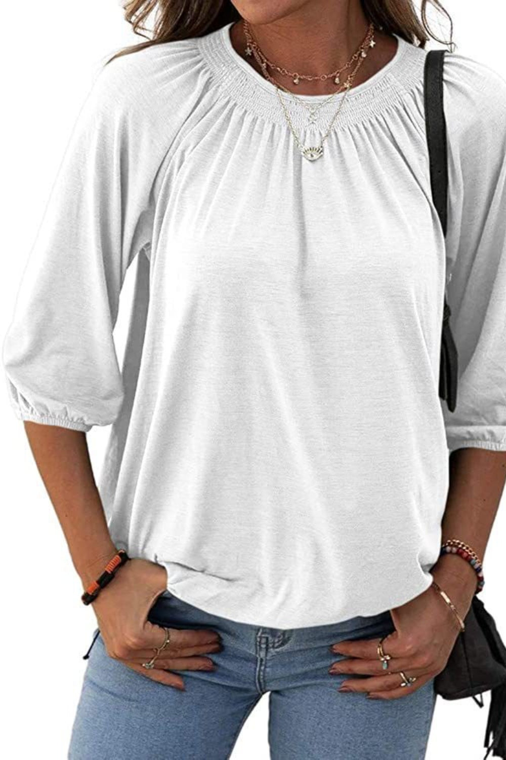 Full Size Gathered Detail Round Neck T-Shirt