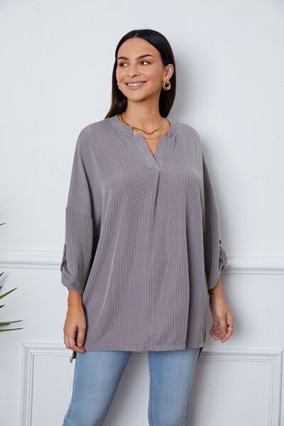 Notched Roll-Tab Sleeve Blouse