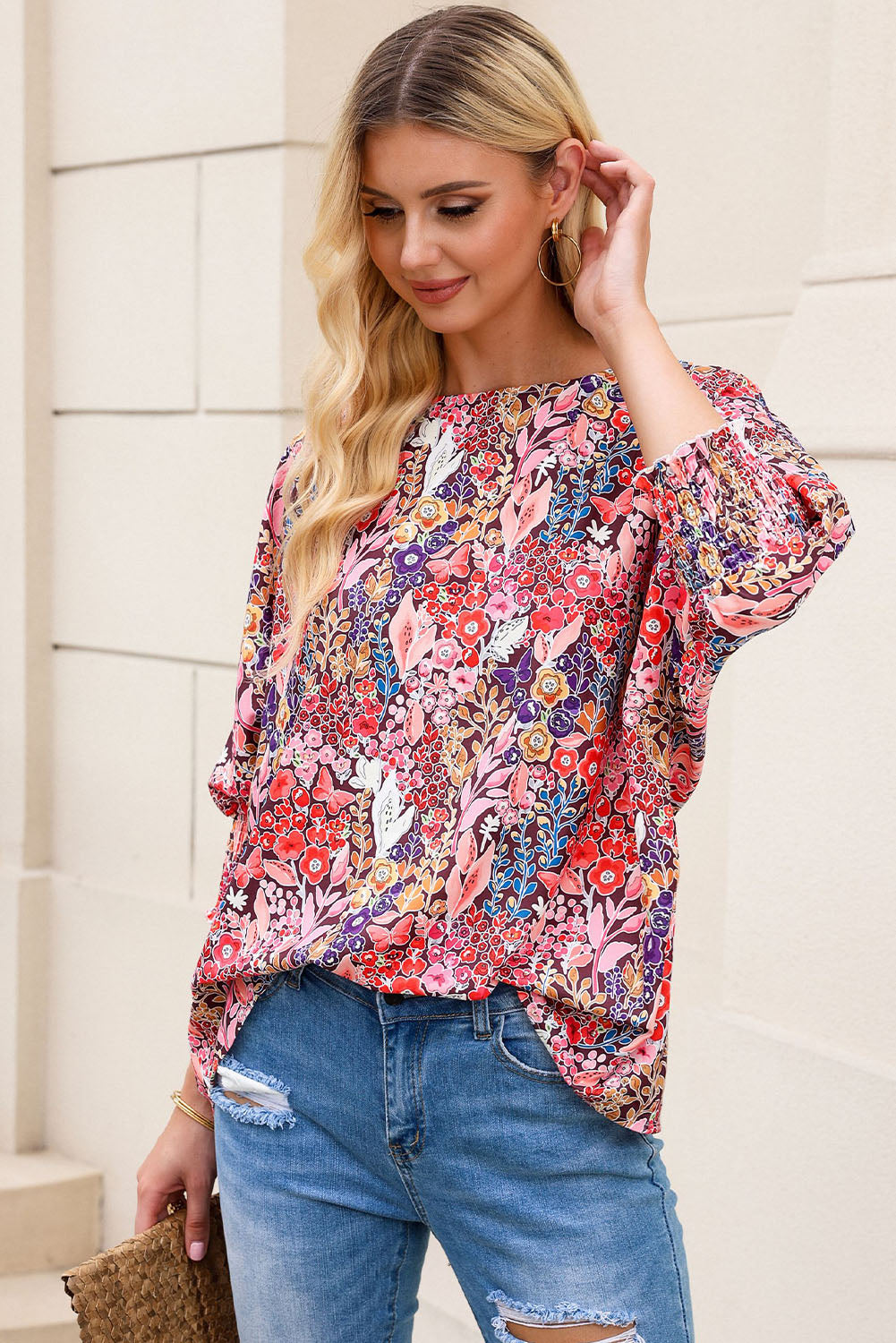 SO CHIC Floral Round Neck Three-Quarter Sleeve Top