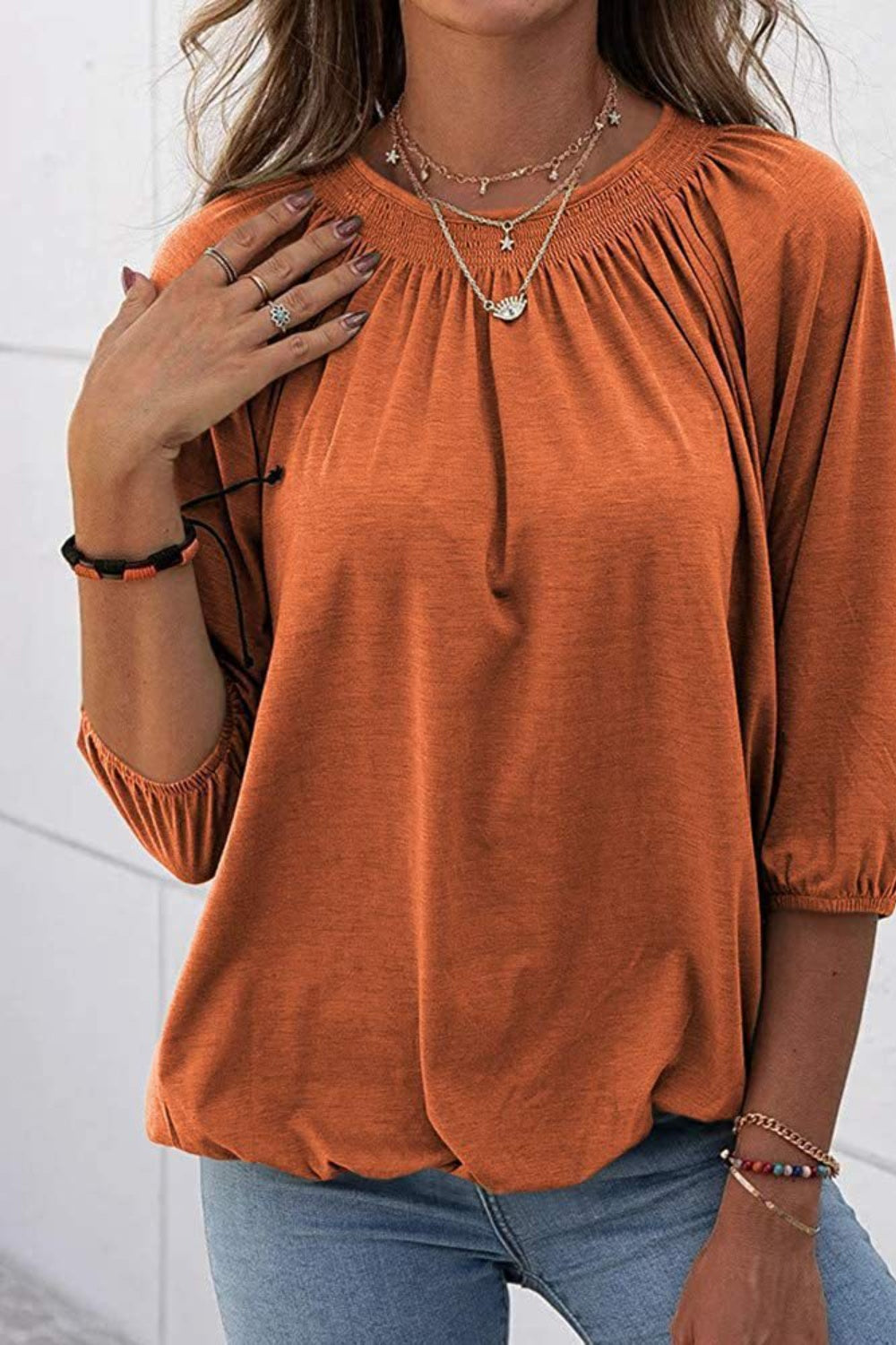 Full Size Gathered Detail Round Neck T-Shirt