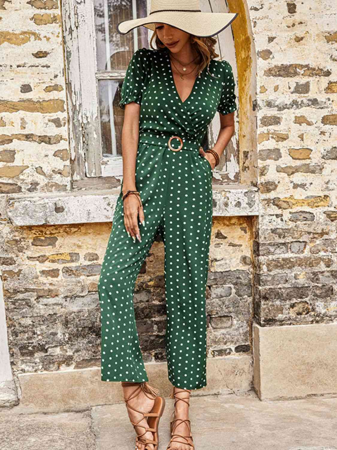 BeautifyJumpers Polka Dot Belted Flounce Sleeve Jumpsuit with Pockets