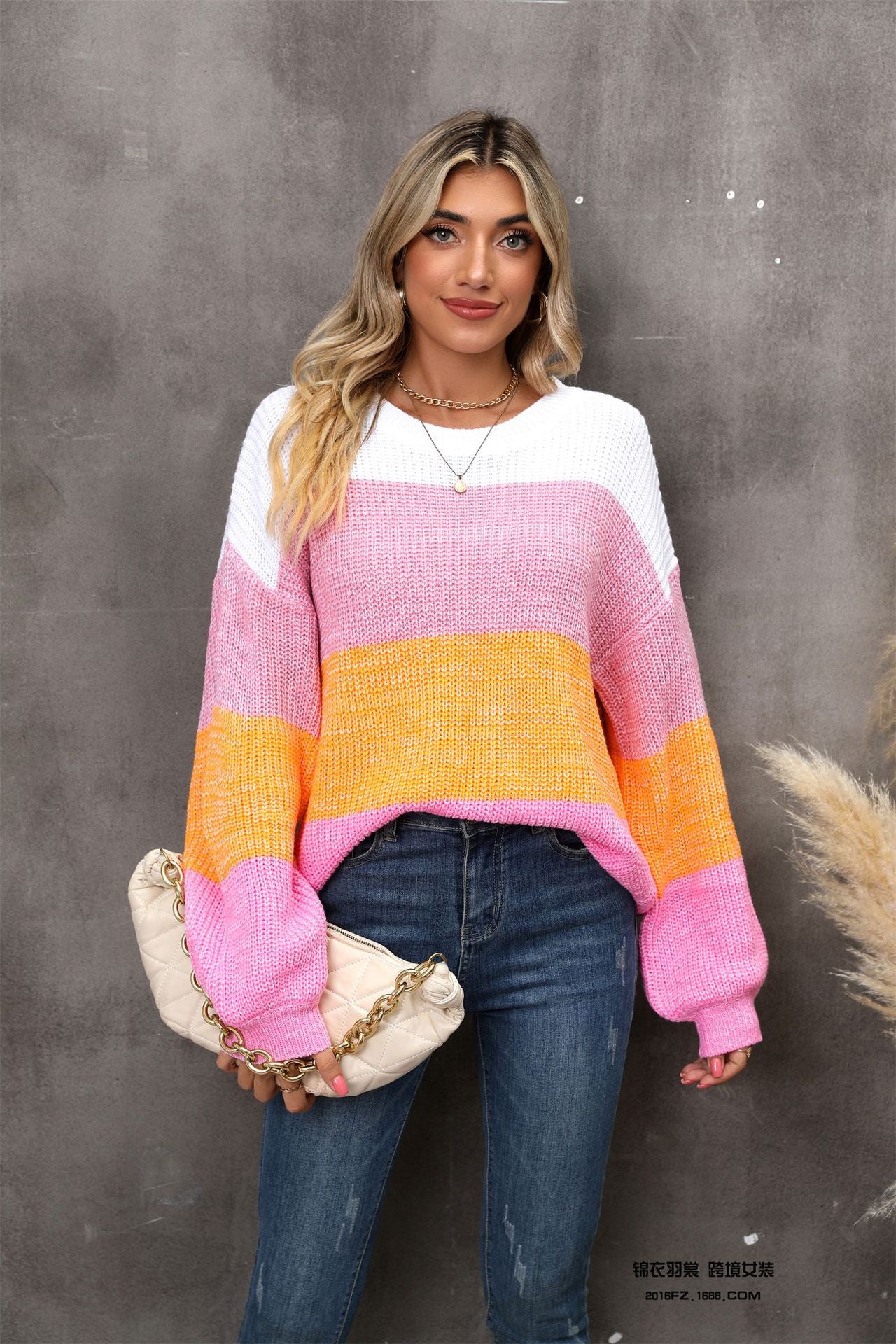 Hannah&Mea Color Block Round Neck Dropped Shoulder Sweater