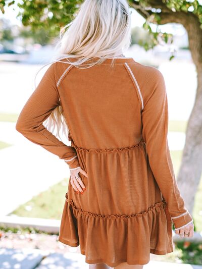 Women's SoDreamy Caramel Waffle-Knit Frill Mini Tiered Dress