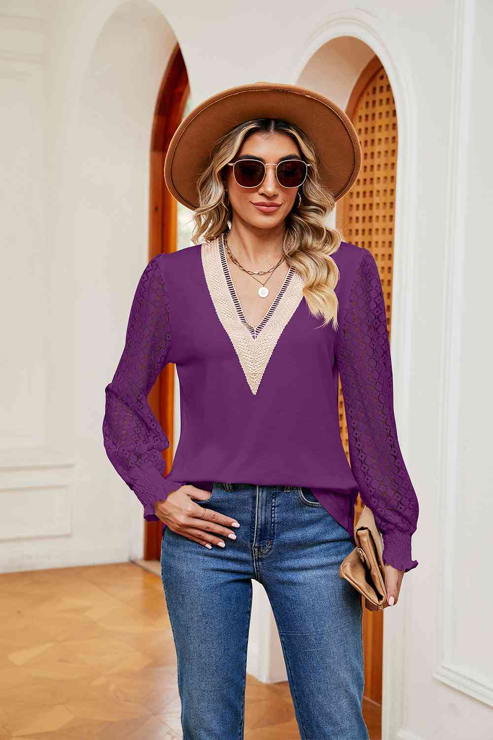 Contrast V-Neck Long Sleeve Blouse