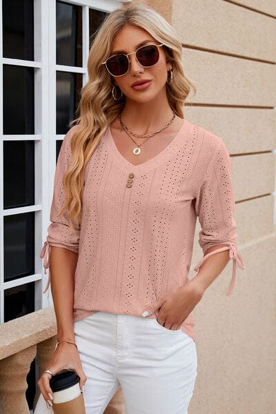 Eyelet Drawstring V-Neck Half Sleeve T-Shirt