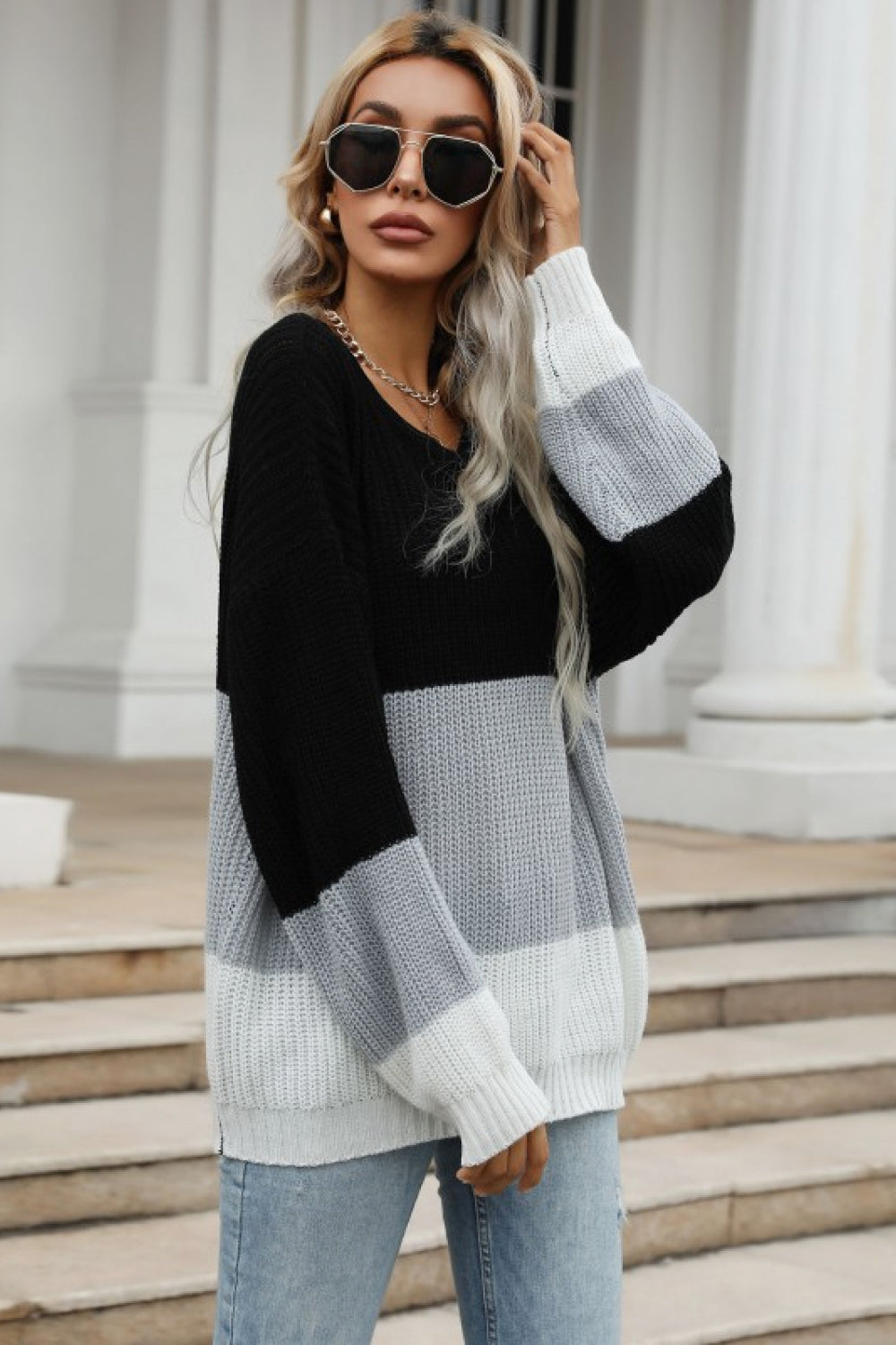 Women's Color Block Long Sleeve Chunky Knit Sweater