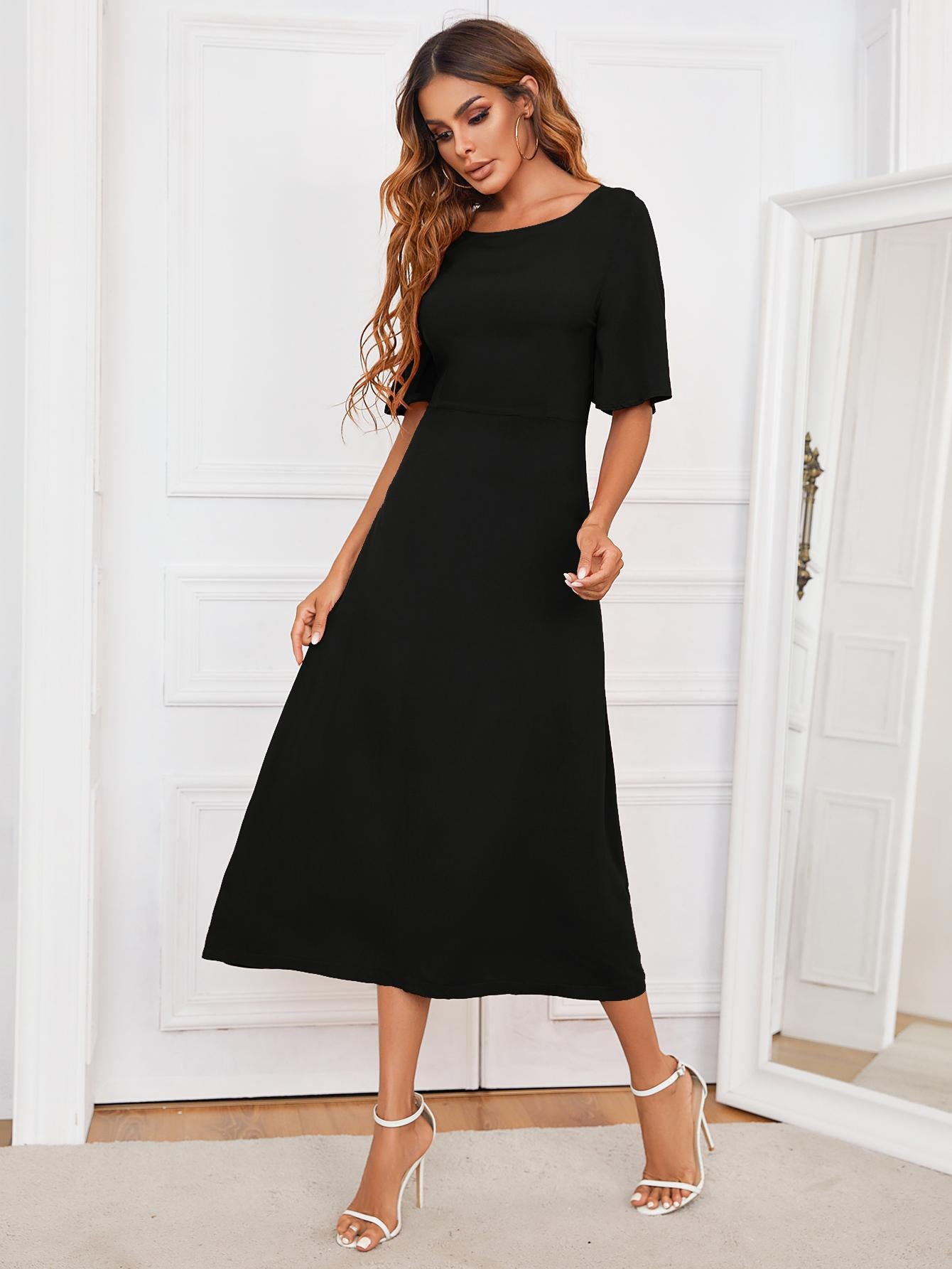 BAYSIDE Round Neck Cutout Half Sleeve Dress