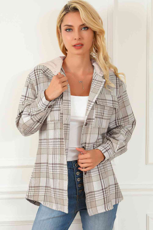 Sand Brown Plaid Button Down Hooded Jacket