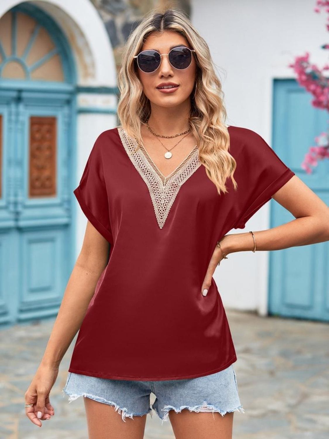 Full Size V-Neck Cuffed Blouse