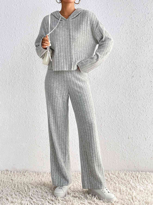 Light Gray Drawstring Ribbed Hoodie and Straight Leg Pants Set