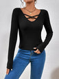 Ribbed Crisscross V-Neck Black Long Sleeve Knit Top