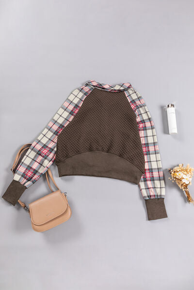 Plaid Half Zip Kangaroo Pocket Sweatshirt