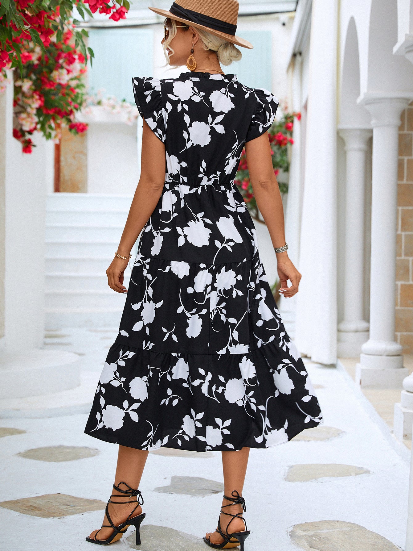 Women's Floral Frill Trim V-Neck Tiered Midi Dress