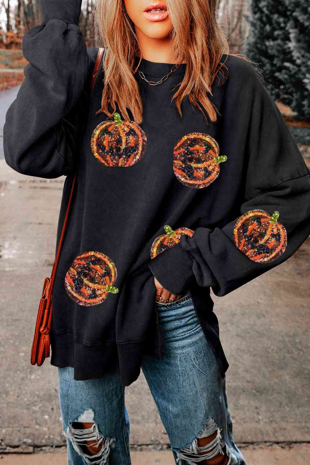 SEASONAL FALL Pumpkin Print Dropped Shoulder Black Sweatshirt