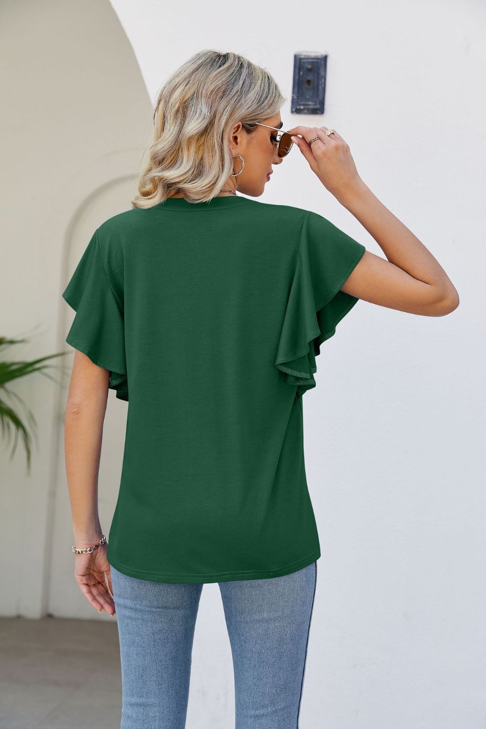 Women's JAYLEEN Full Size Notched Neck Flutter Sleeve Tee