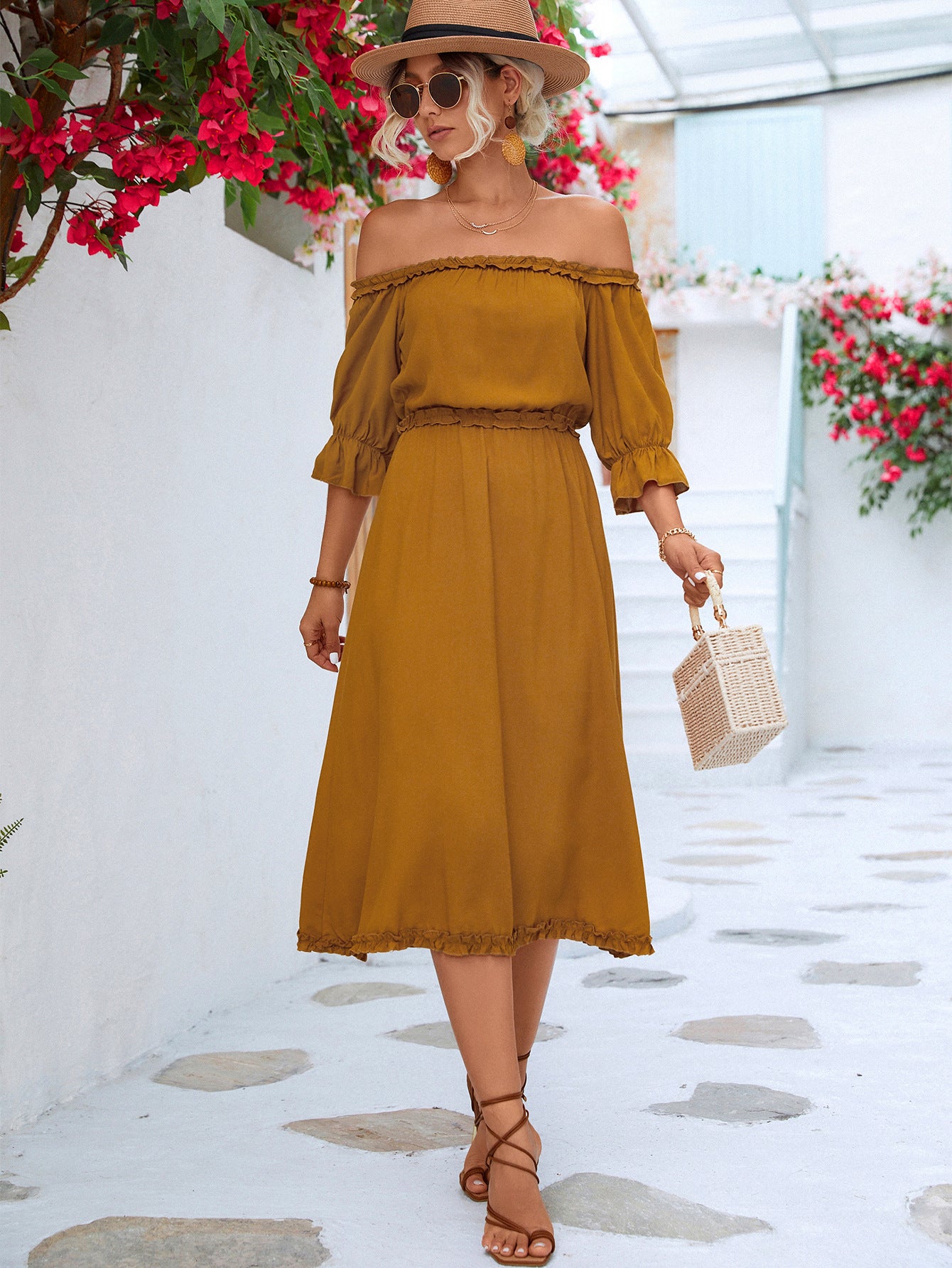 Women's Frilled Off-Shoulder Flounce Sleeve Dress