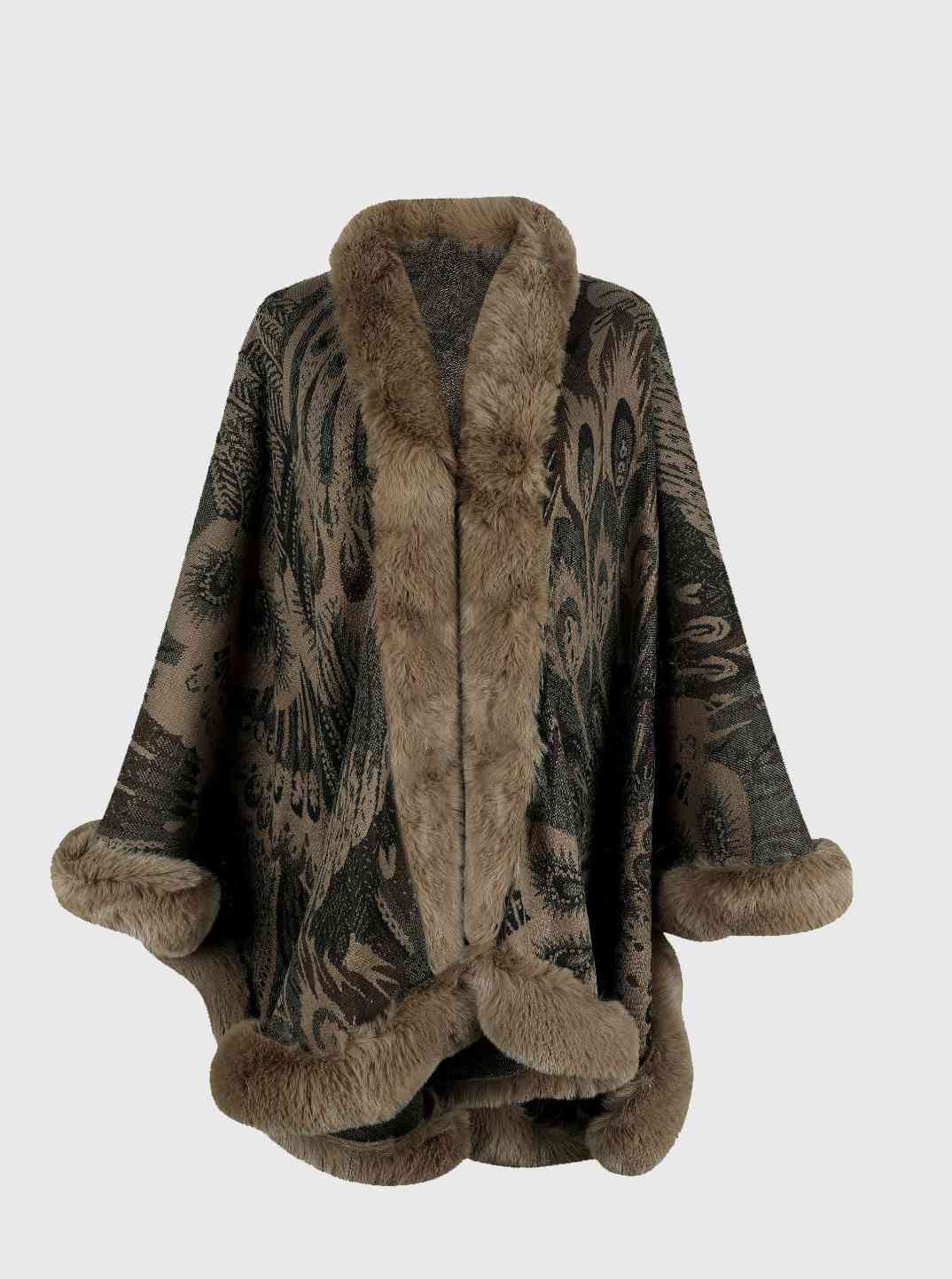 Beauty Devine Fur Trim One Size Printed Open Front Poncho