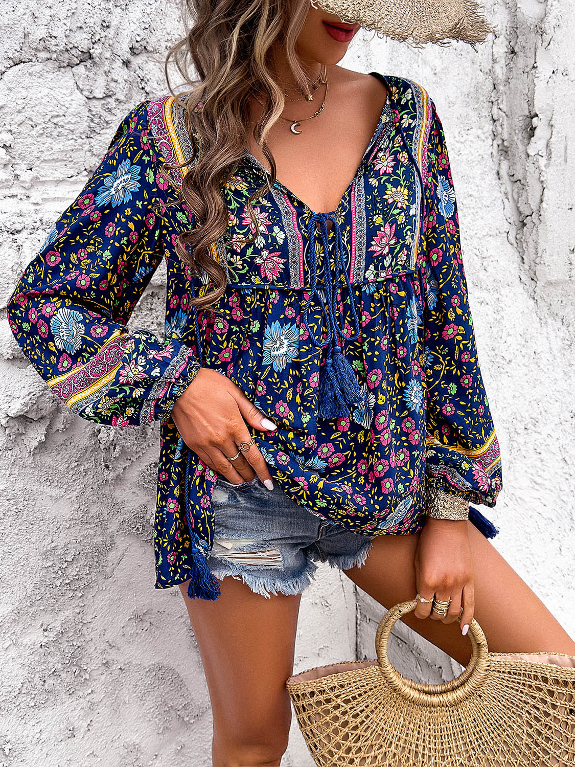 Printed Tie Neck Long Sleeve Blouse