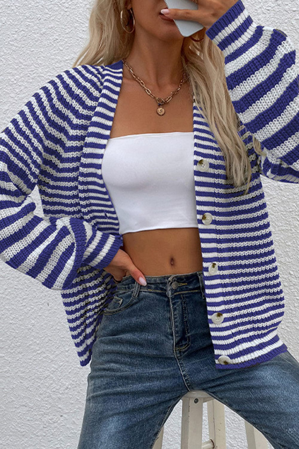 LakenLea Striped V-Neck Button-Down Cardigan