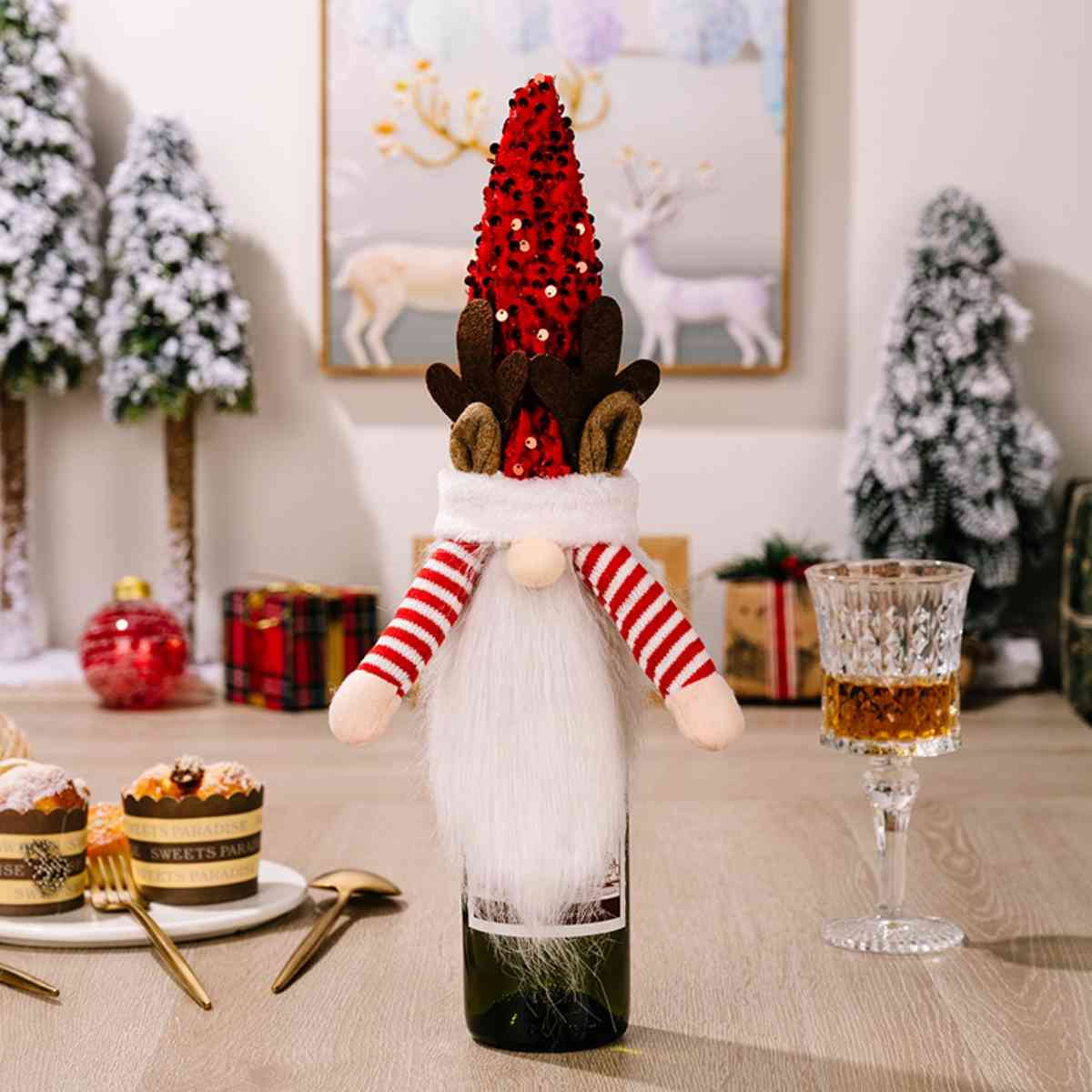 CHRISTMAS Sequin Pointed Hat Faceless Gnome Wine Bottle Cover