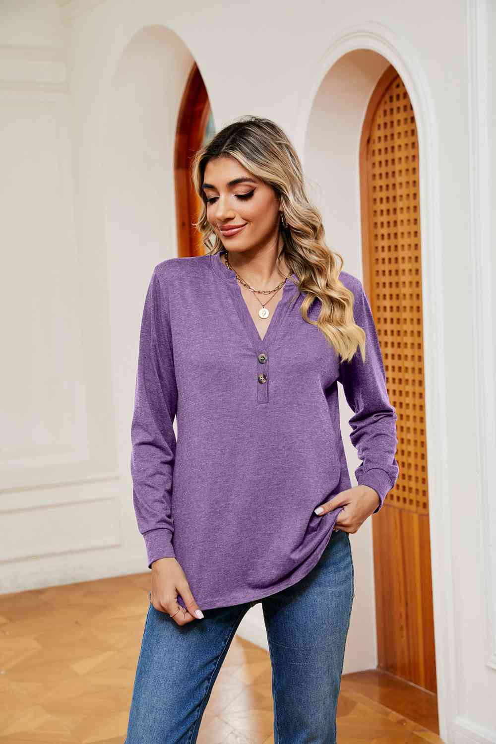 Buttoned Notched Neck Long Sleeve Top