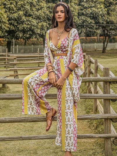 Adryane Jay Printed Cami,Open Front Cover Up and Wide Leg Pants Set