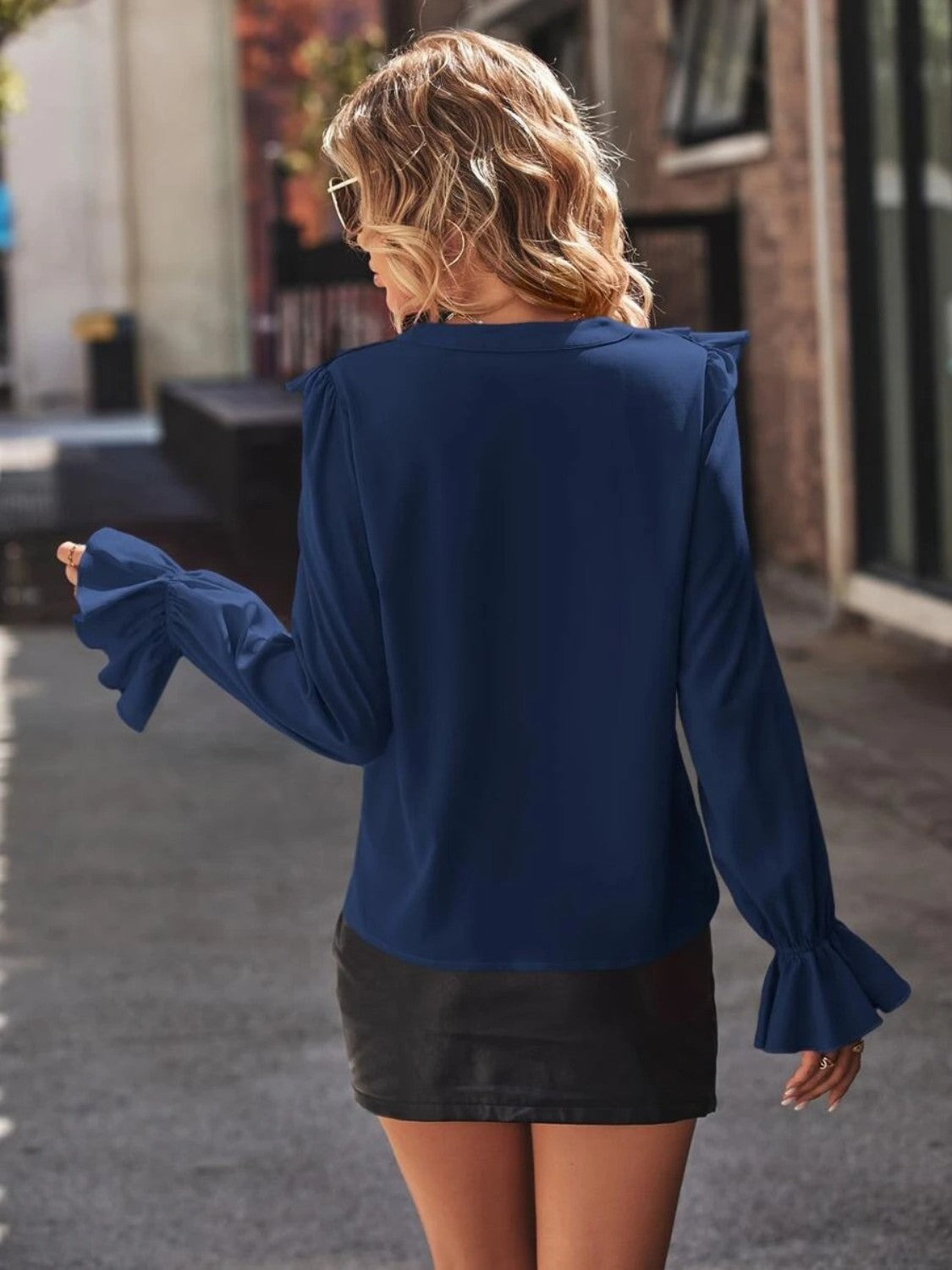 Full Size Ruffled V-Neck Flounce Sleeve Shirt