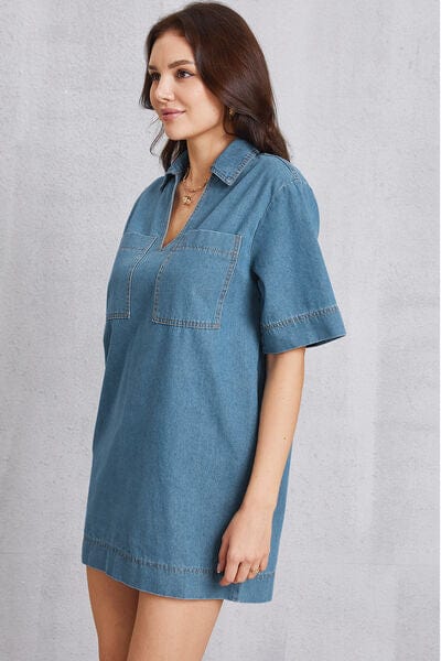 Larissa Bea Pocketed Collared Neck Mini Denim Dress