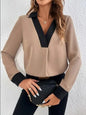 Women's Ava Contrast Trim V-Neck Long Sleeve Blouse