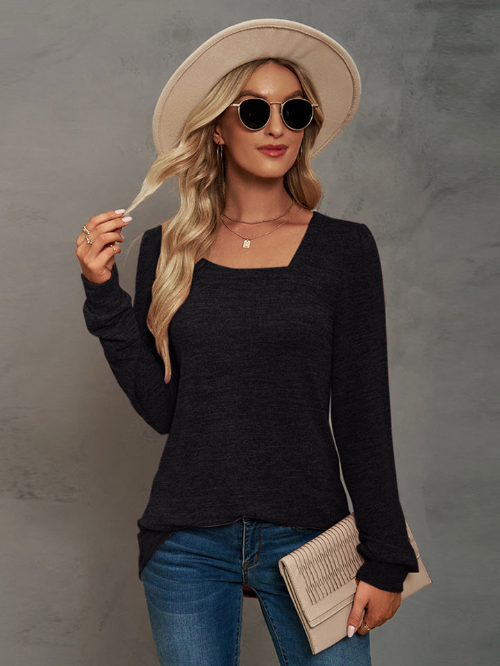 Full Size Heathered Square Neck Long Sleeve T-Shirt