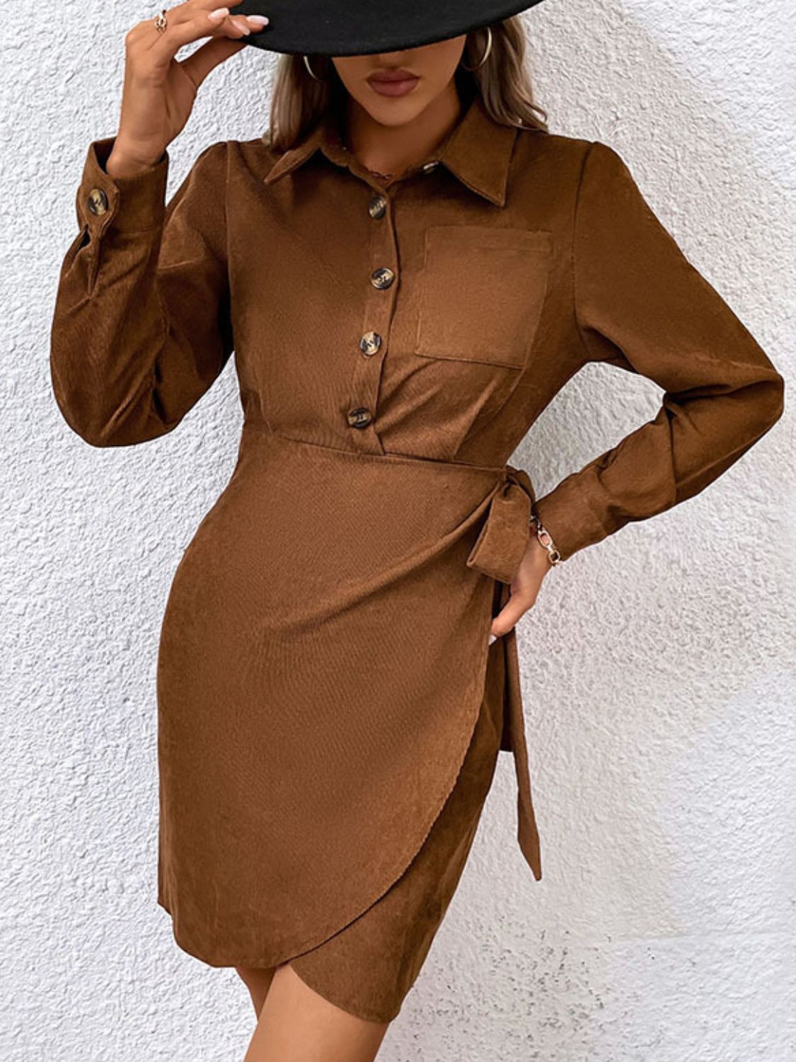 TrendSetEE Button-Down Collared Neck Long Sleeve Side Tie Dress