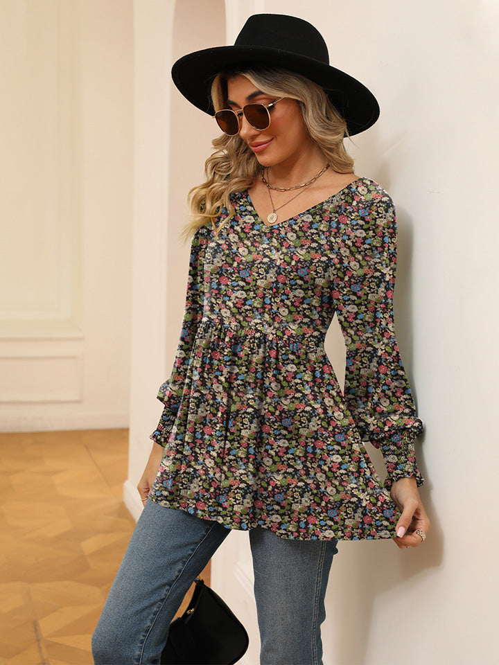 Full Size Printed V-Neck Lantern Sleeve Blouse