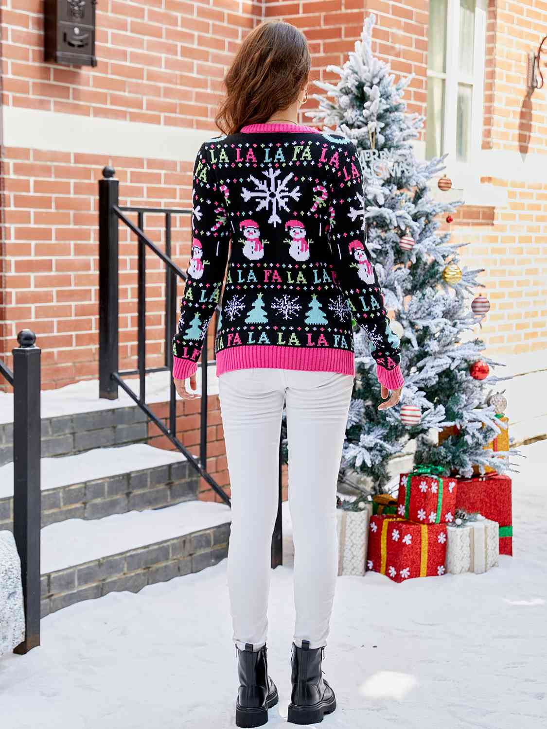 Full Size Christmas Ribbed Trim Sweater
