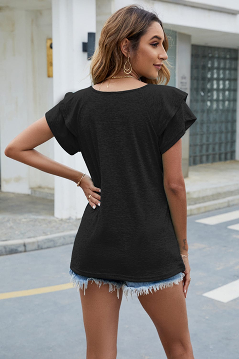 Full Size V-Neck Flutter Sleeve T-Shirt