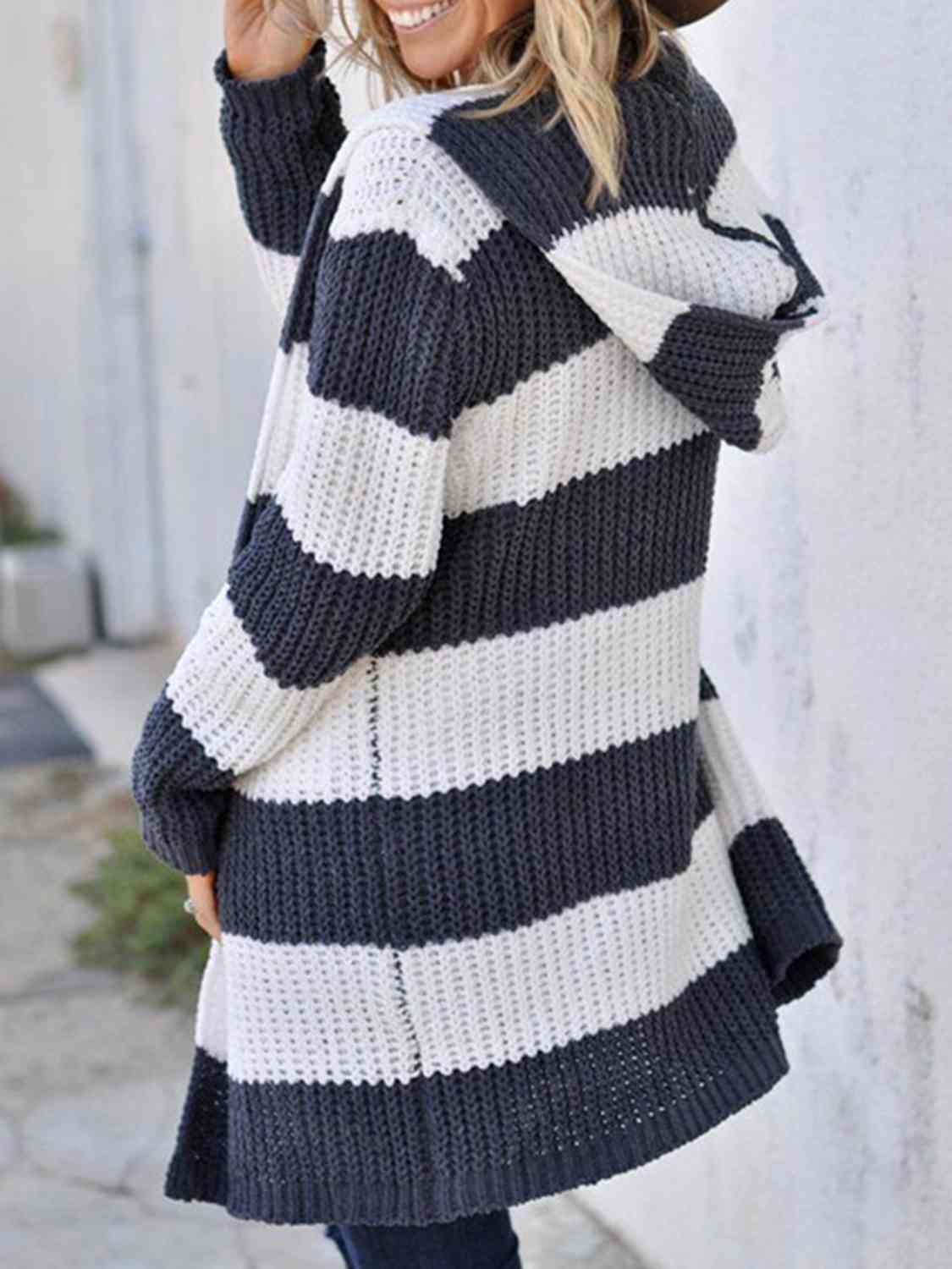 White Striped Open Front Hooded Cardigan