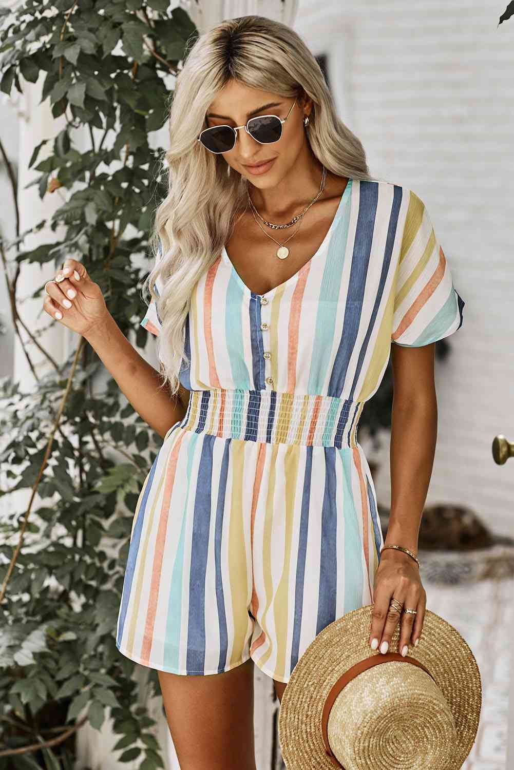 DuskJumpers Multicolored Stripe V-Neck Smocked Waist Romper