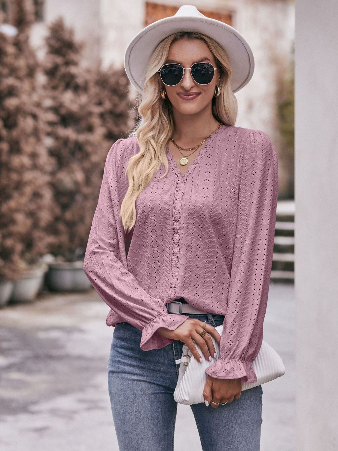 Pretty Purples Eyelet V-Neck Flounce Sleeve Blouse