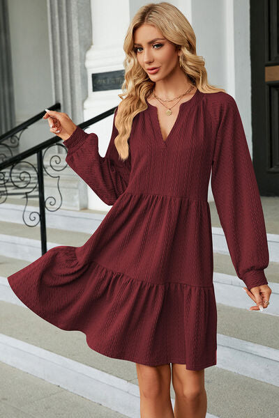 Ruched Notched Long Sleeve Mini Dress