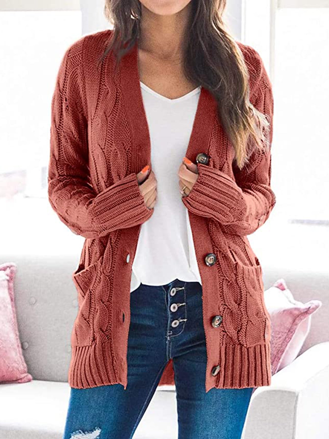 SavannahTree Cable-Knit Buttoned Cardigan with Pockets