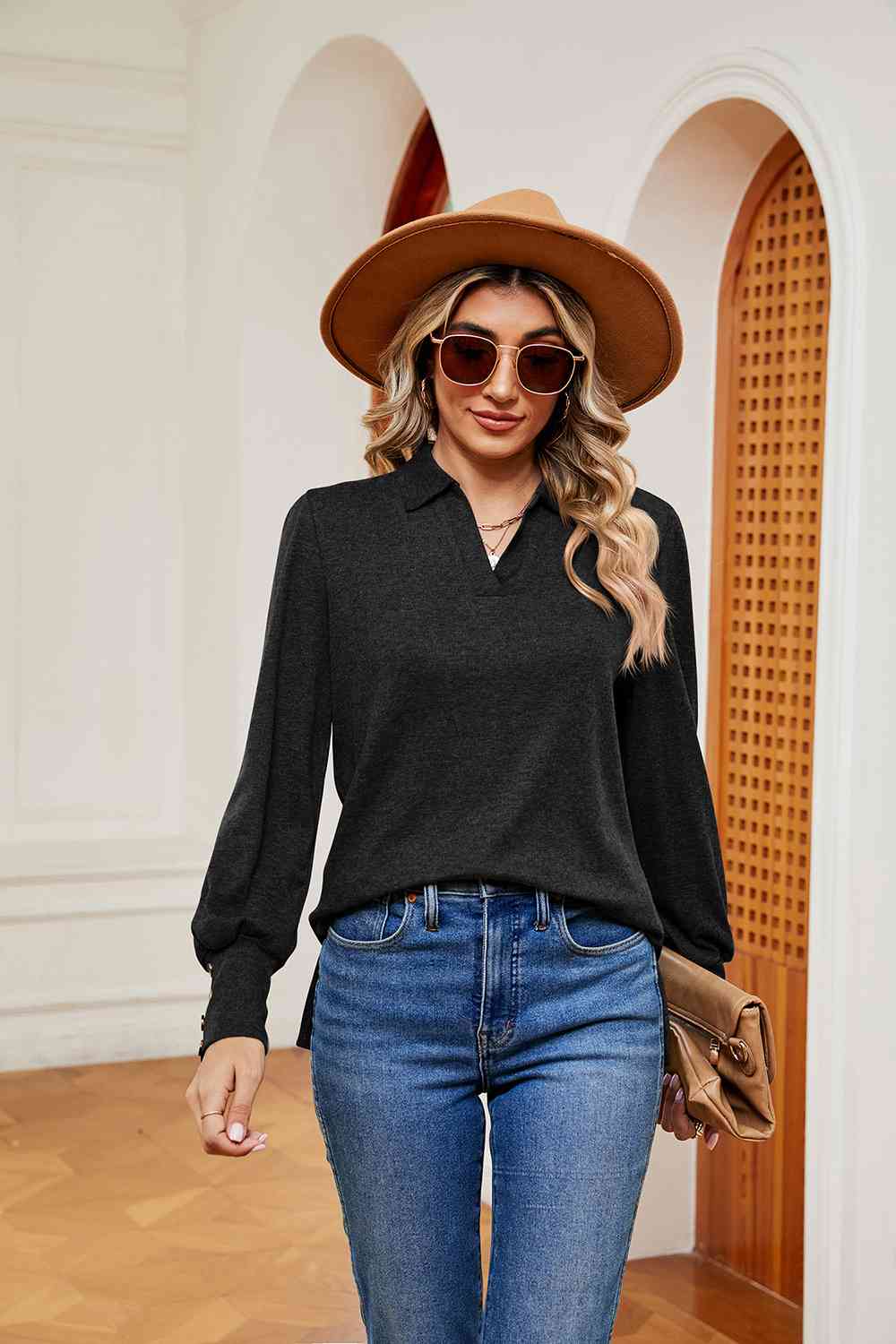 Full Size Johnny Collar Long Sleeve Top