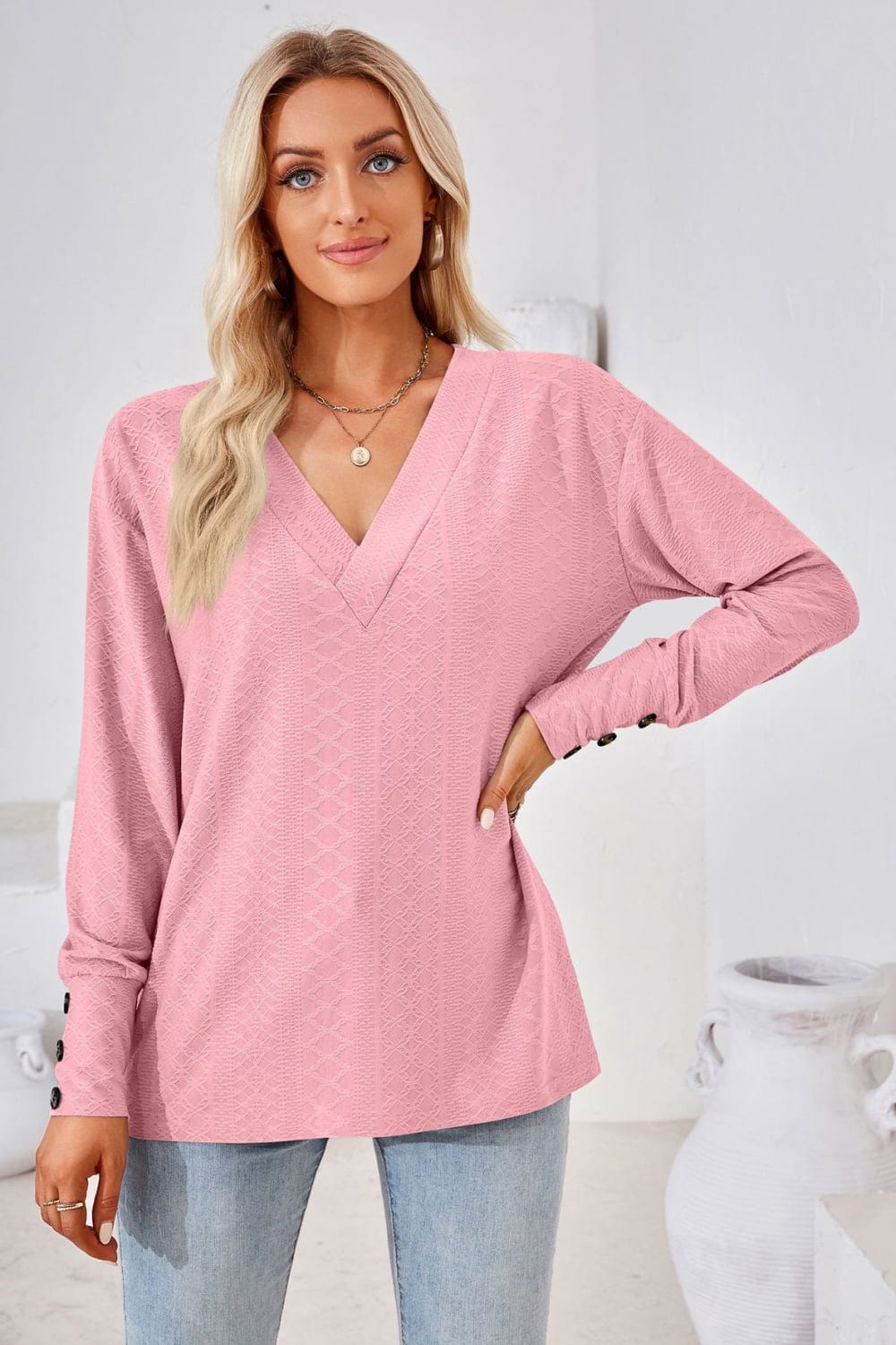 Full Size V-Neck Long Sleeve Blouse