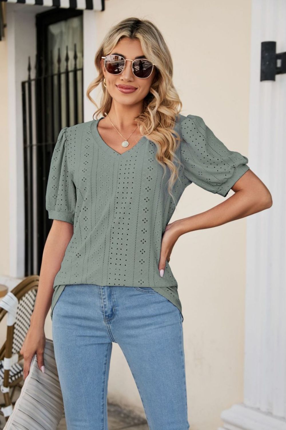 Full Size Eyelet Puff Sleeve V-Neck Top